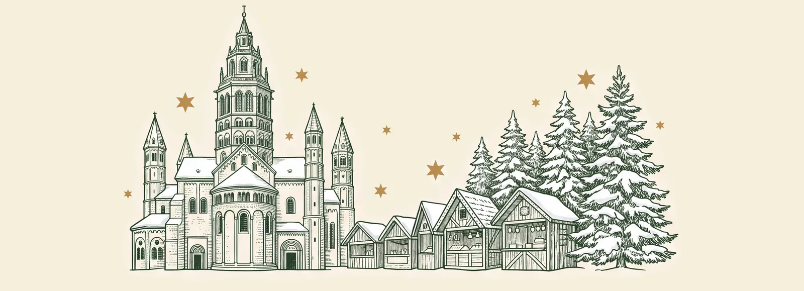 Mainzer Dom, Weihnachtsmarkt und Tannen als Stich